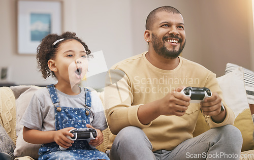 Image of Father, girl and gaming controller on sofa with challenge, shout and wow in competition, bonding and house. Man, daughter and excited with esports, contest and strategy with thinking in family home