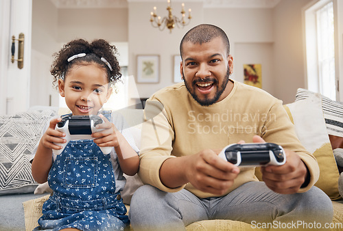 Image of Happy, portrait and a father and child gaming on the sofa for care, bonding or competition. Smile, family and a girl kid playing games with a dad on the home couch together for learning or winning