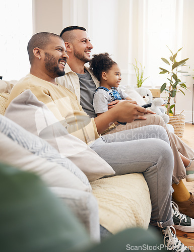 Image of Gay family, watching tv and movies on home sofa with a child for streaming, entertainment or fun. Lgbt men or parents and girl kid relax with remote control for subscription, cable show and happiness