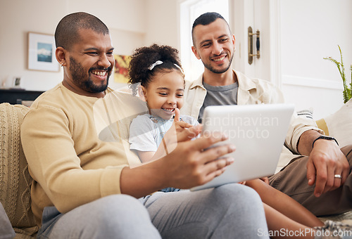 Image of Gay family, tablet and child on home sofa for learning, communication and education on internet. Adoption, lgbt men or parents with a happy kid and technology for streaming movies, games and videos