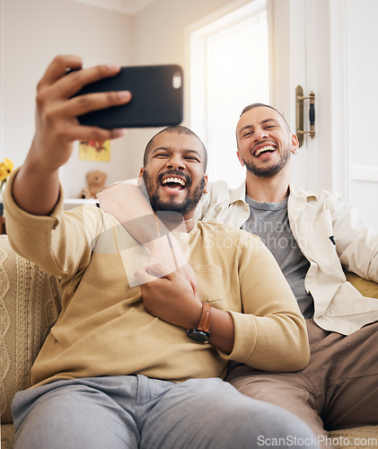 Image of Men, lgbtq couple laughing and selfie in home living room, bonding and funny together. People, gay and profile picture, happy memory or smile on social media in love, care and interracial hug on sofa