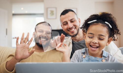 Image of Gay family, waving and video call on laptop on home sofa with a child for communication and internet. Adoption, lgbt men or parents with a kid and technology for streaming, connection and happiness