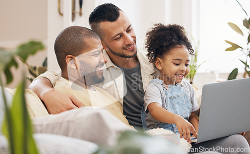 Image of Gay, parents and girl with a laptop, home and connection with love, streaming movies and bonding in a living room. People, family or dads with female child, kid and pc for cartoon or film in a lounge