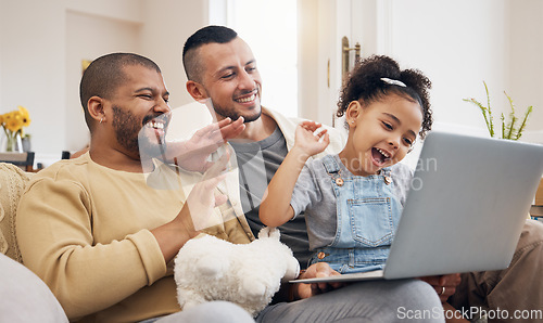 Image of Gay family, laptop and waving for video call on home sofa with a child for communication and internet. Lgbt men or parents with a girl kid and technology for streaming, connection and happiness