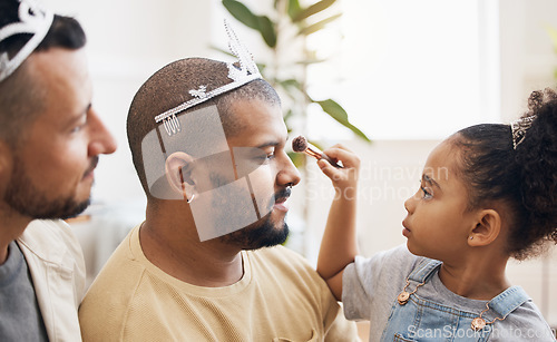 Image of Blended family, gay parents and makeup with a daughter in the living room of her home for princess fantasy. LGBT, love or adoption and a girl together with her father on the sofa for bonding closeup