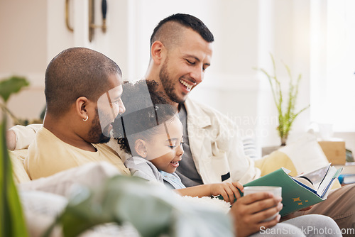 Image of Gay couple, girl and reading book on sofa with smile, bonding and love in story in living room together. Happiness, lgbt men and child storytelling on couch in fantasy, learning and education in home