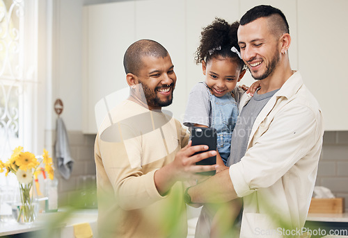Image of Selfie, blended family and a girl with her lgbt parents in the kitchen together for a social media profile picture. Adoption photograph, smile or love and a daughter with her gay father in the home