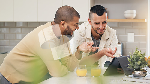 Image of Smile, streaming and a gay couple with a tablet in a kitchen for a funny video or social media. Happy, house and lgbt men with technology for communication or reading an online chat together