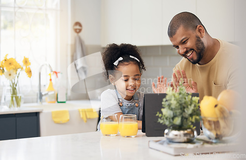 Image of Tablet, video call and father with girl in kitchen, living room or online communication in home with wave, hello and smile. Happy, black family and virtual chat, conversation or talking on mobile app