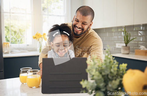 Image of Tablet, video call and girl with dad in kitchen, living room or online communication in home with smile of father and kid. Happy, black family and virtual chat, conversation or talking on mobile app
