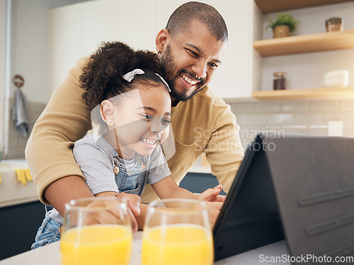 Image of Tablet, video call and girl with dad in kitchen, living room or online communication in home with happy, hello and smile. Excited, black family and virtual chat, conversation or talking on mobile app