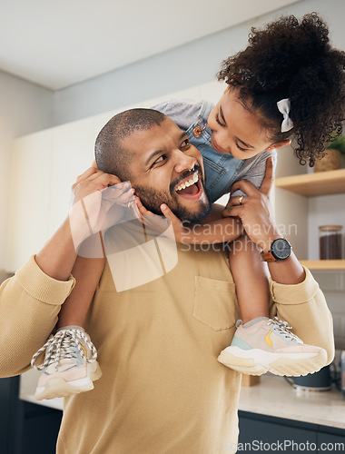 Image of Fun, father and smile with girl on neck play, laugh and hugging in kitchen and home for quality time. Happy, black father and child playing together and bonding in house, family home for relaxing