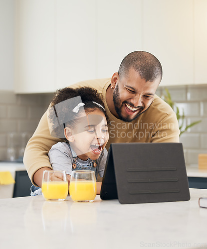 Image of Tablet, video call and father with girl in kitchen, living room or online communication in home with smile and hello. Happy, black family and virtual chat, conversation or talking on mobile app