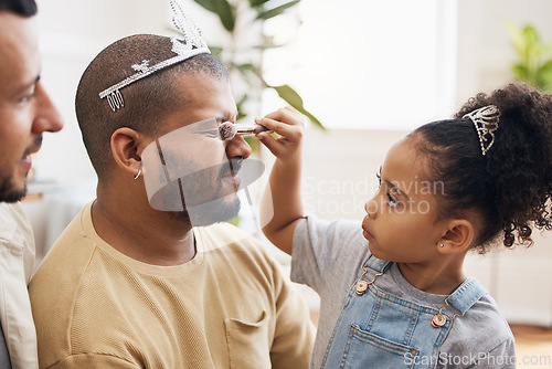 Image of Blended family, LGBT parents and makeup with a daughter in the living room of her home for princess fantasy. Gay, love or adoption and a girl together with her father on the sofa for bonding