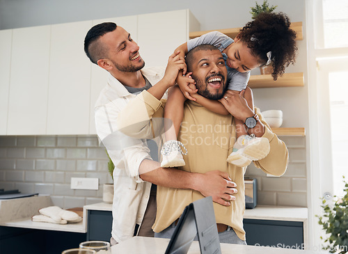 Image of Gay parents, happy family and child in home together with love, support and bonding with girl on shoulders of dad in hug. LGBT, fathers and men with happiness or smile in kitchen and playing with kid