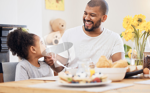 Image of Home, father and girl with breakfast, smile and conversation with bonding, love and nutrition. Start the day, happy family and dad with female child, kid and healthy meal with fun, diet and food