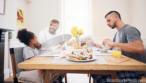 Image of Gay couple, morning breakfast and happy family child bonding with queer dad, bisexual papa or non binary parents. LGBTQ, adoption or homosexual father smile for hungry child, girl or daughter at home