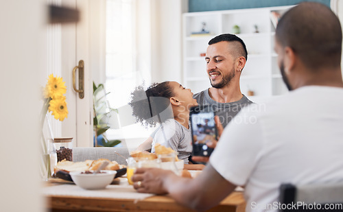 Image of Father, phone screen and photography with girl, breakfast and happy with gay parents, post or memory for blog. Men, daughter and smartphone with profile picture, eating or social media in family home