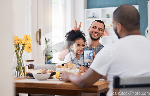 Image of Smartphone, lunch or photo of gay couple, kid and memory picture of happy family with peace sign, bunny ears gesture or pose. Cellphone, photography or child smile with bisexual, queer or relax dad