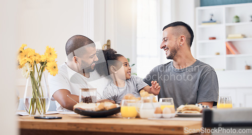 Image of Happy, gay men and family at breakfast together in the dining room of their modern house. Smile, bonding and girl child eating a healthy meal for lunch or brunch with her lgbtq dads at home.