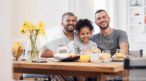 Image of Gay men, portrait and family at breakfast together in the dining room of their modern house. Smile, bonding and happy girl child eating a healthy meal for lunch or brunch with her lgbtq dads at home.