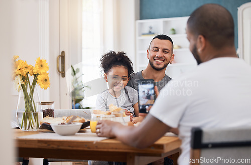Image of Cellphone, lunch or photo of gay couple, kid and memory picture of bonding happy family in home dining room. Smartphone, photography or child smile with bisexual, queer or non binary dad in apartment