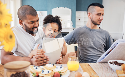 Image of Gay family, tablet and child with breakfast at home for e learning, bonding and education on internet. Adoption, lgbt men or parents with a happy kid and technology in morning with food on a table