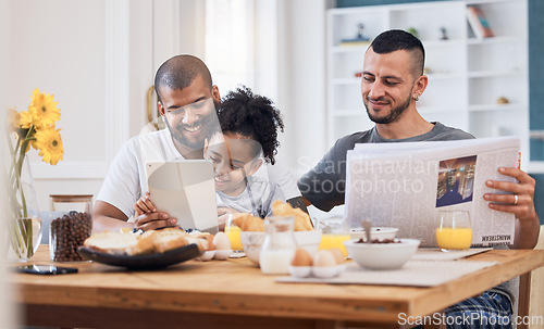 Image of Gay couple, breakfast and happy family child with tablet, online story and reading ebook, watch video and relax with dad. App game, happiness and young youth kid bonding with homosexual papa at home