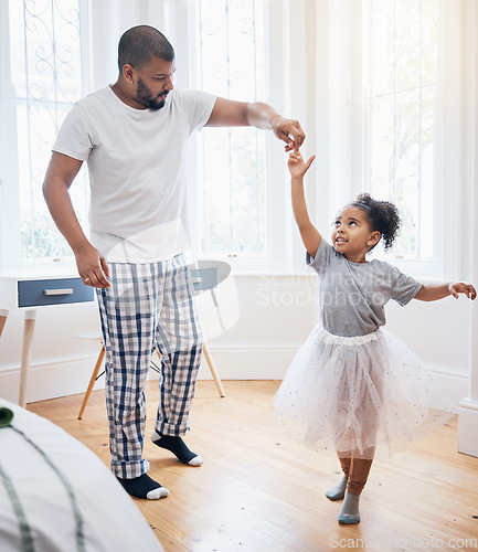 Image of Father, girl and ballet dance in home, holding hands or help for training, learning or tutu in game. Dad, kid and care for steps, moving or practice for performance, concert or show in family house