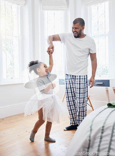 Image of Dad, girl and ballet dancing in house, holding hands or help for training, comic smile or tutu in game. Man, kid and laugh for steps, moving and funny for performance, concert or show in family home