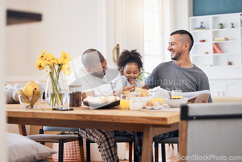 Image of Laugh, gay men and family at breakfast together in the dining room of their modern house. Smile, happy and girl child bonding and eating a healthy meal for lunch or brunch with her lgbtq dads at home