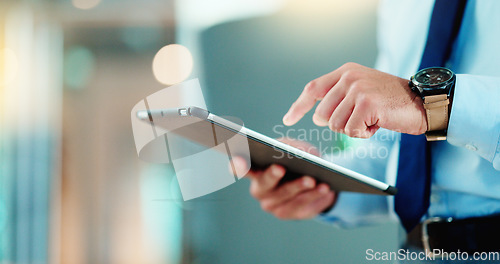 Image of Business man browsing on a digital tablet in an office. Closeup on hands of a corporate professional and expert staying organized with apps. Scrolling on the internet and planning successful ideas