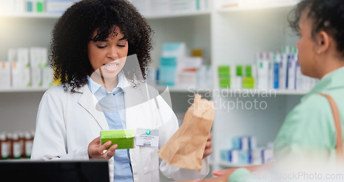 Image of Concerned pharmacist assisting an upset and angry customer in a local pharmacy. Female client returning medication and complaining about an allergic reaction after taking prescription medicine