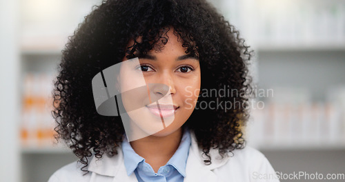 Image of Closeup portrait of pharmacist face against a bright background with copy space. Professional healthcare worker excited to help, diagnose and treat sick patients at a drugstore or clinic dispensary