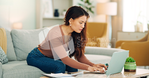 Image of Entrepreneur, professional and startup worker on her laptop inside home office. Woman thinking, idea and planning digital marketing employee online. Remote, communication and email in house lounge.