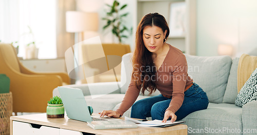 Image of Entrepreneur, professional and startup worker on her laptop inside home office. Woman thinking, idea and planning digital marketing employee online. Remote, communication and email in house lounge.