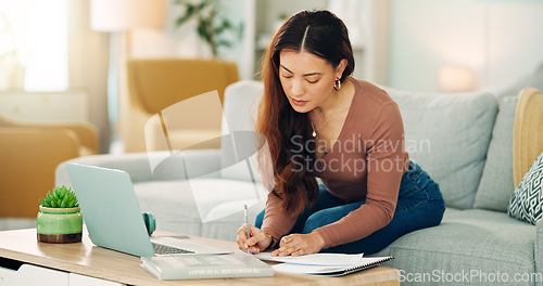 Image of Entrepreneur, professional and startup worker on her laptop inside home office. Woman thinking, idea and planning digital marketing employee online. Remote, communication and email in house lounge.