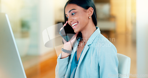 Image of Businesswoman talking on phone, reading research on computer and networking with clients or negotiating deals. Confident woman multitasking, connecting and sharing ideas with customers on technology