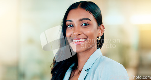 Image of Portrait of beautiful businesswoman happy smile in office. Female with a positive successful attitude ready to take on work. Confident individual girl showing courage and happiness in the workplace