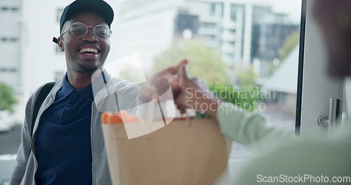 Image of Delivery, grocery and bag with a black man courier at the front door of a home to drop off produce for a customer. Food, ecommerce and online shopping with a male at a house to deliver fresh goods