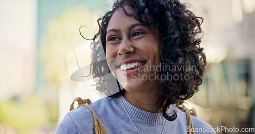 Image of Woman, travel and freedom in city with relax, journey and vacation in New York with a smile. Portrait, urban and happy female person from Sri Lanka on an adventure and holiday abroad with closeup