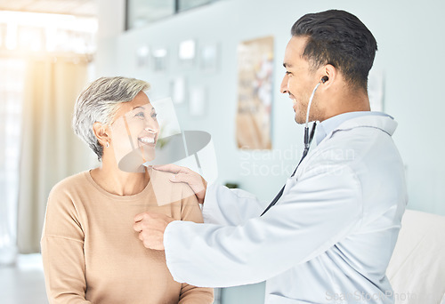 Image of Doctor, senior patient and heart beat, stethoscope and consultation with cardiology and check breath sound. Help, trust and healthcare, male physician and woman at hospital with cardiovascular health