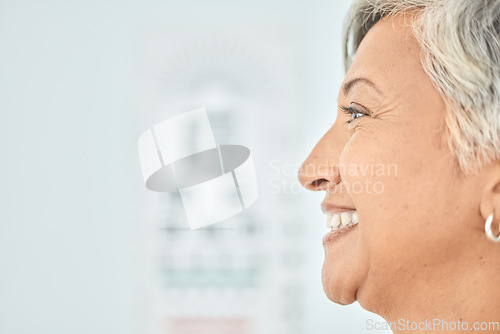 Image of Side profile, face and mockup of a woman for optometry, vision test and exam for healthcare. Smile, medical and a mature person or customer at a clinic for service, wellness and space for eye care