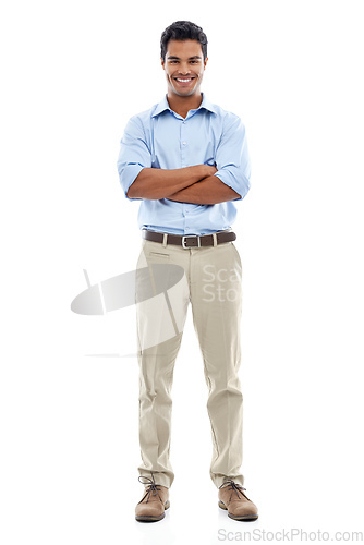 Image of Hes got that great smile. Studio portrait of a handsome young man isolated on white.