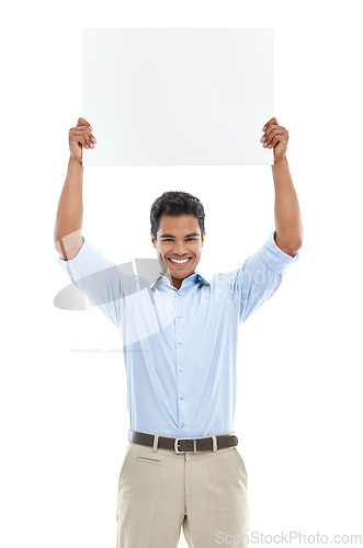 Image of How do you like this idea. Studio shot of a young man holding a blank card for copyspace isolated on white.