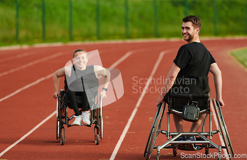 Image of An inspiring couple with disability showcase their incredible determination and strength as they train together for the Paralympics pushing their wheelchairs in marathon track