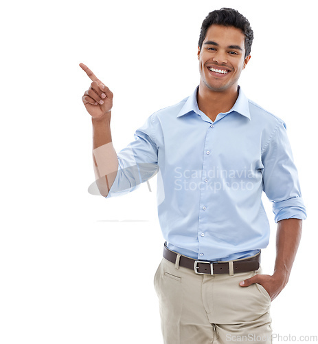 Image of How do you like this. studio shot of a handsome young man pointing at copyspace.