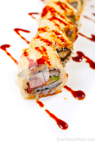 Image of fresh sushi choice combination assortment selection