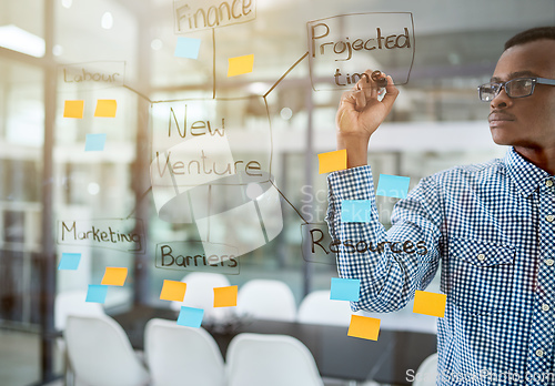 Image of Hes got a clear vision for his new business venture. Shot of a young man having a brainstorming session in a modern office.