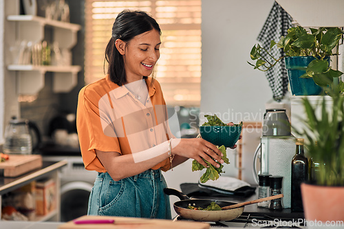 Image of Leafy greens add goodness to any meal. Shot of a happy young woman preparing a healthy meal at home.